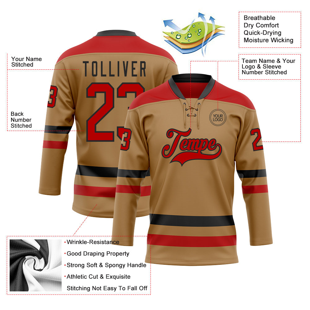 Custom Old Gold Red-Black Hockey Lace Neck Jersey view 3