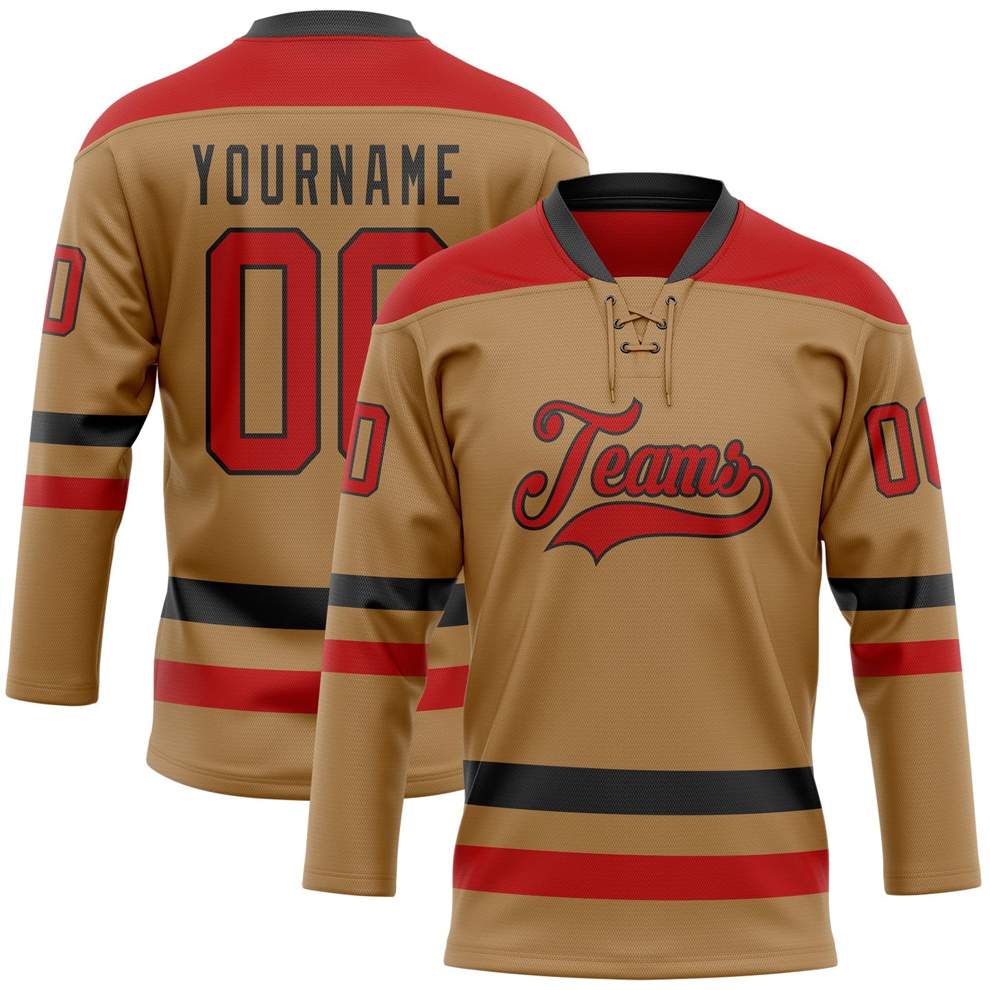 Custom Old Gold Red-Black Hockey Lace Neck Jersey - Main View
