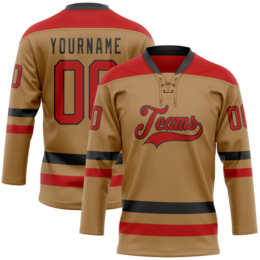 Custom Old Gold Red-Black Hockey Lace Neck Jersey - Main View