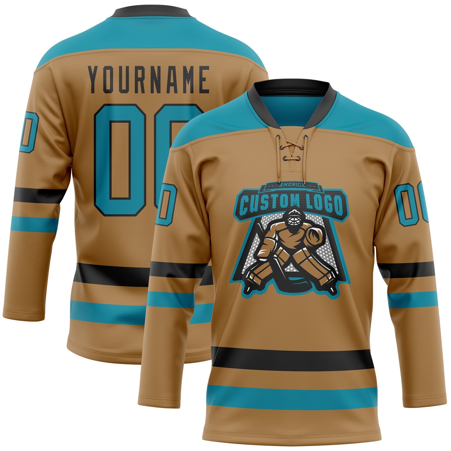 Custom Old Gold Teal-Black Hockey Lace Neck Jersey view 2