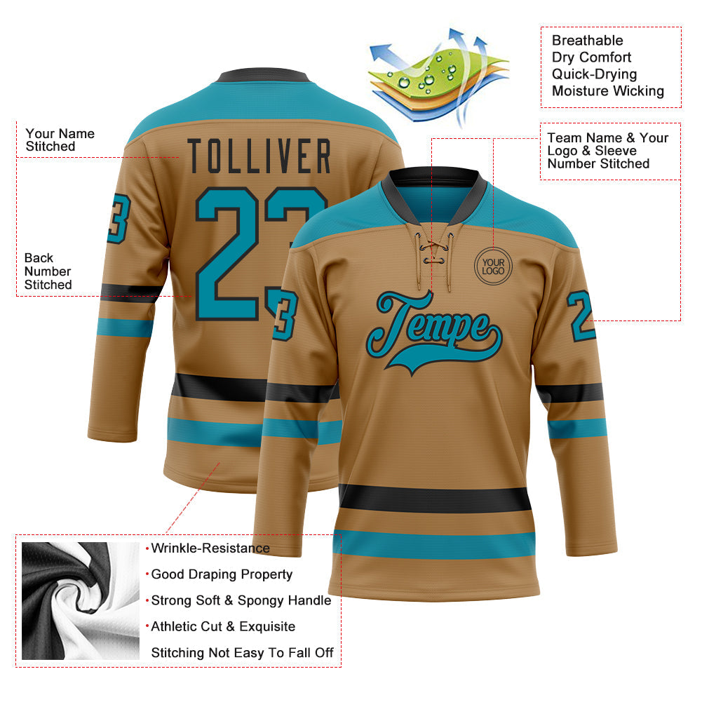 Custom Old Gold Teal-Black Hockey Lace Neck Jersey view 3