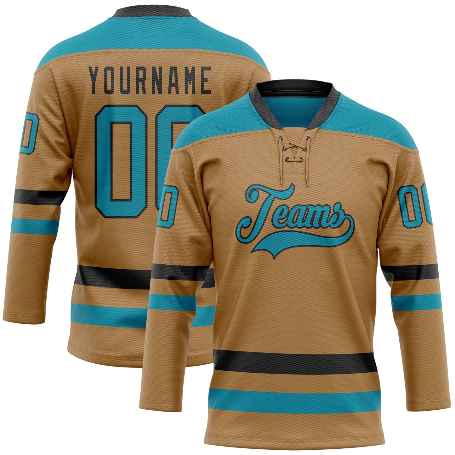 Custom Old Gold Teal-Black Hockey Lace Neck Jersey - Main View
