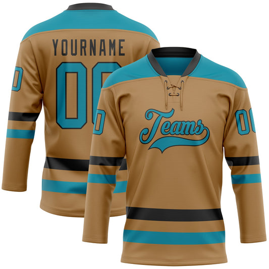 Custom Old Gold Teal-Black Hockey Lace Neck Jersey - Main View