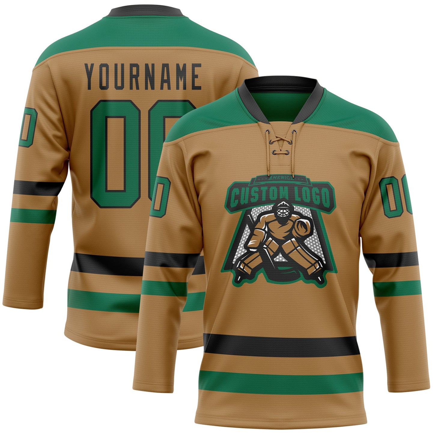 Custom Old Gold Kelly Green-Black Hockey Lace Neck Jersey view 2