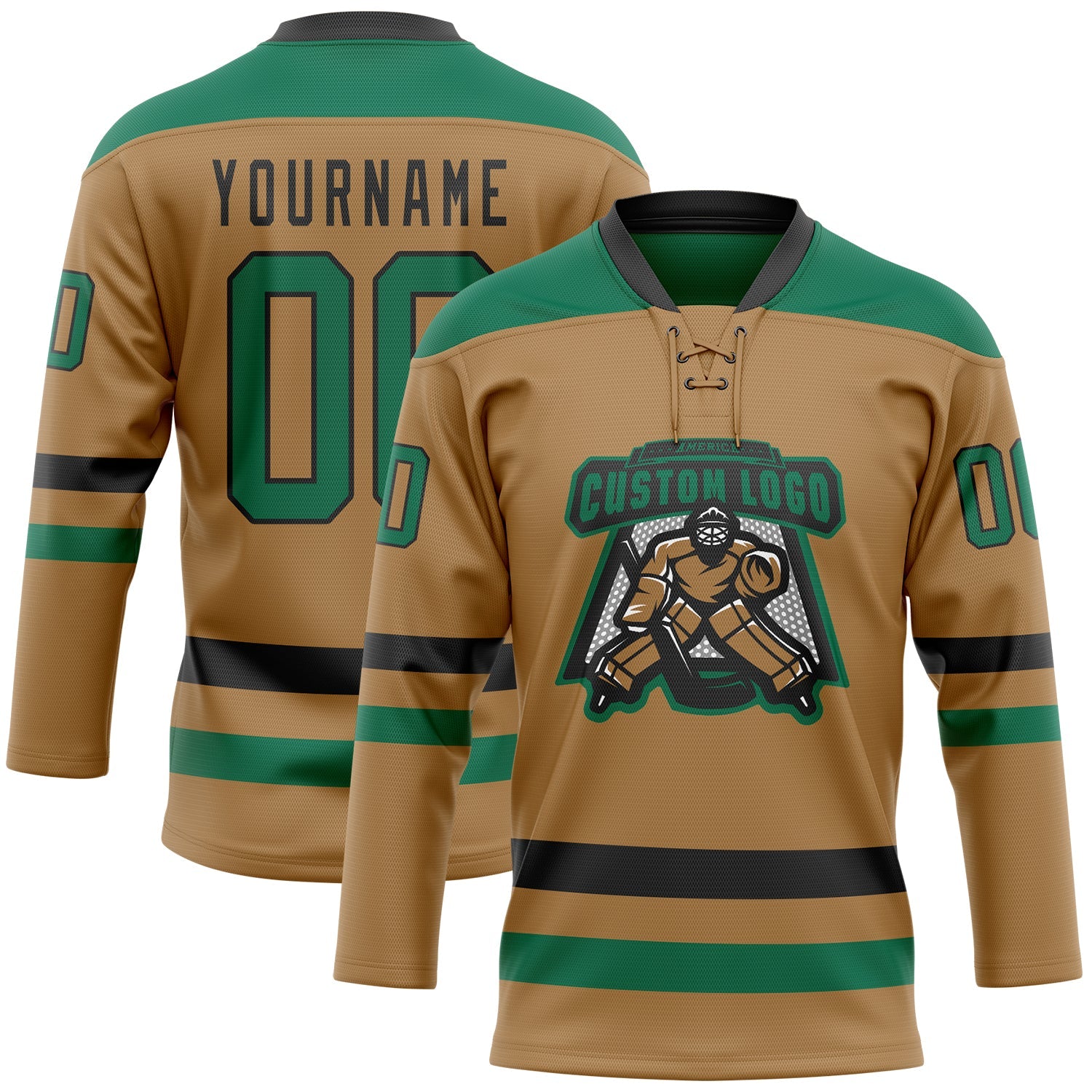 Custom Old Gold Kelly Green-Black Hockey Lace Neck Jersey view 2