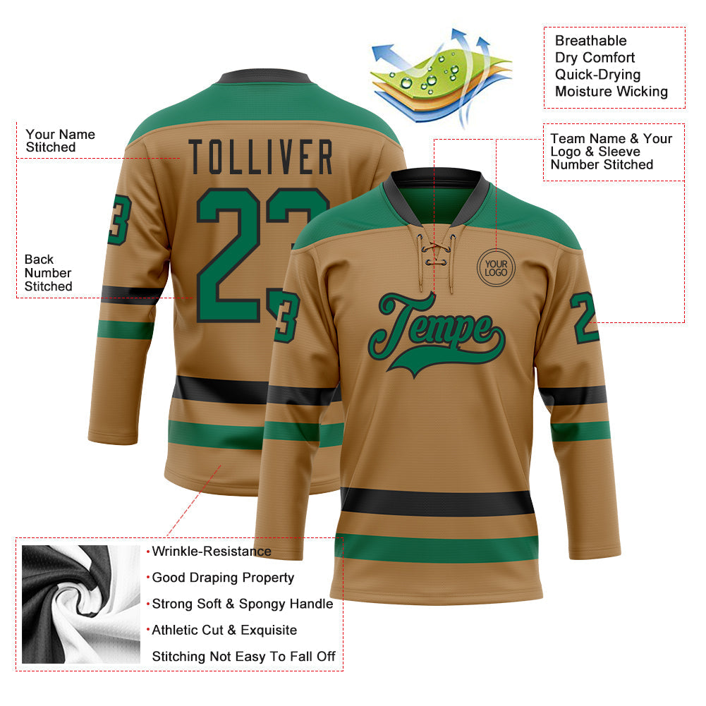 Custom Old Gold Kelly Green-Black Hockey Lace Neck Jersey view 3