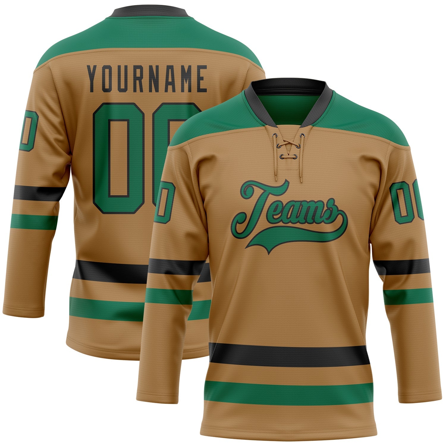 Custom Old Gold Kelly Green-Black Hockey Lace Neck Jersey - Main View