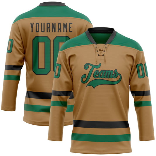 Custom Old Gold Kelly Green-Black Hockey Lace Neck Jersey - Main View