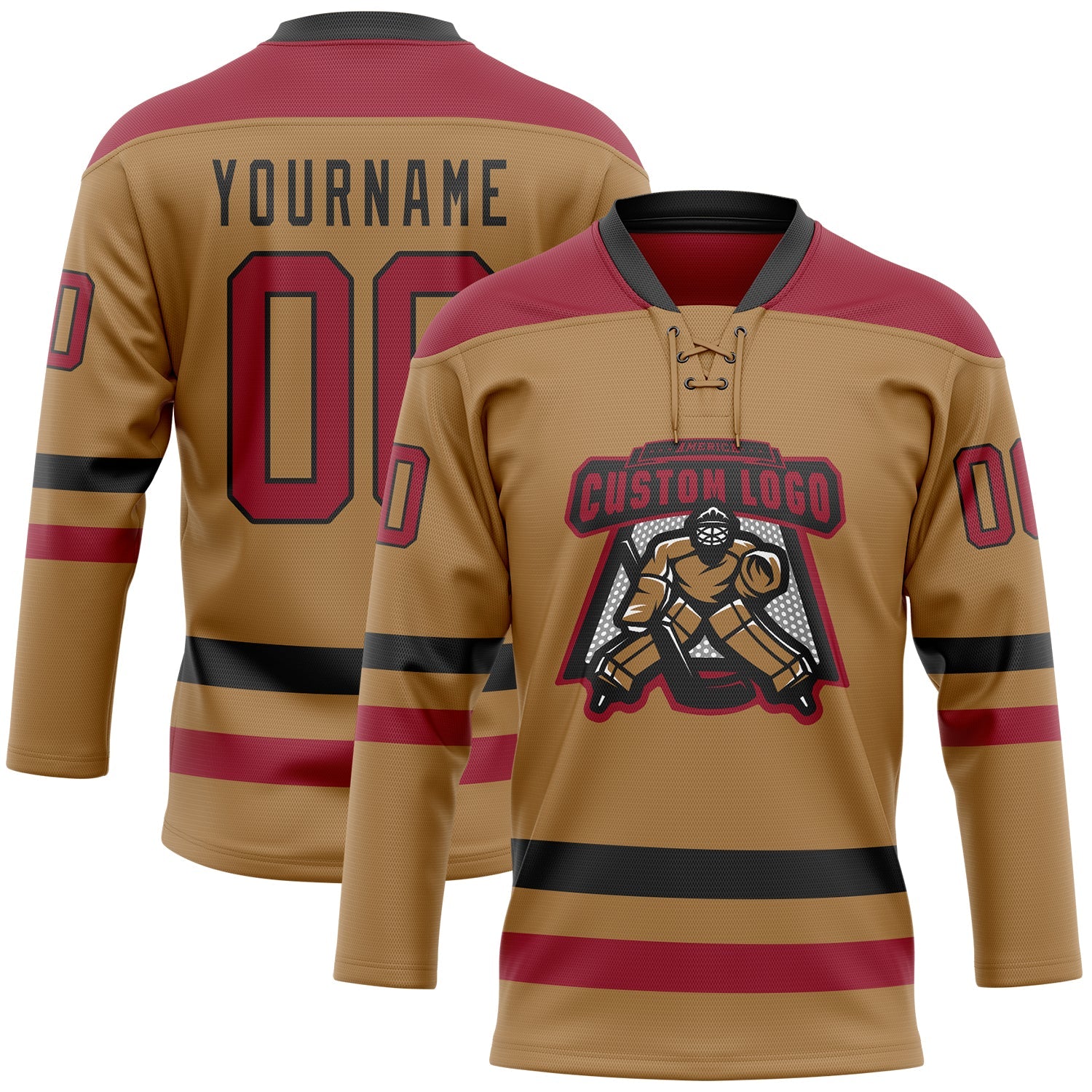 Custom Old Gold Cardinal-Black Hockey Lace Neck Jersey view 2