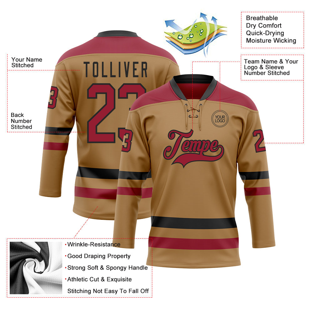 Custom Old Gold Cardinal-Black Hockey Lace Neck Jersey view 3