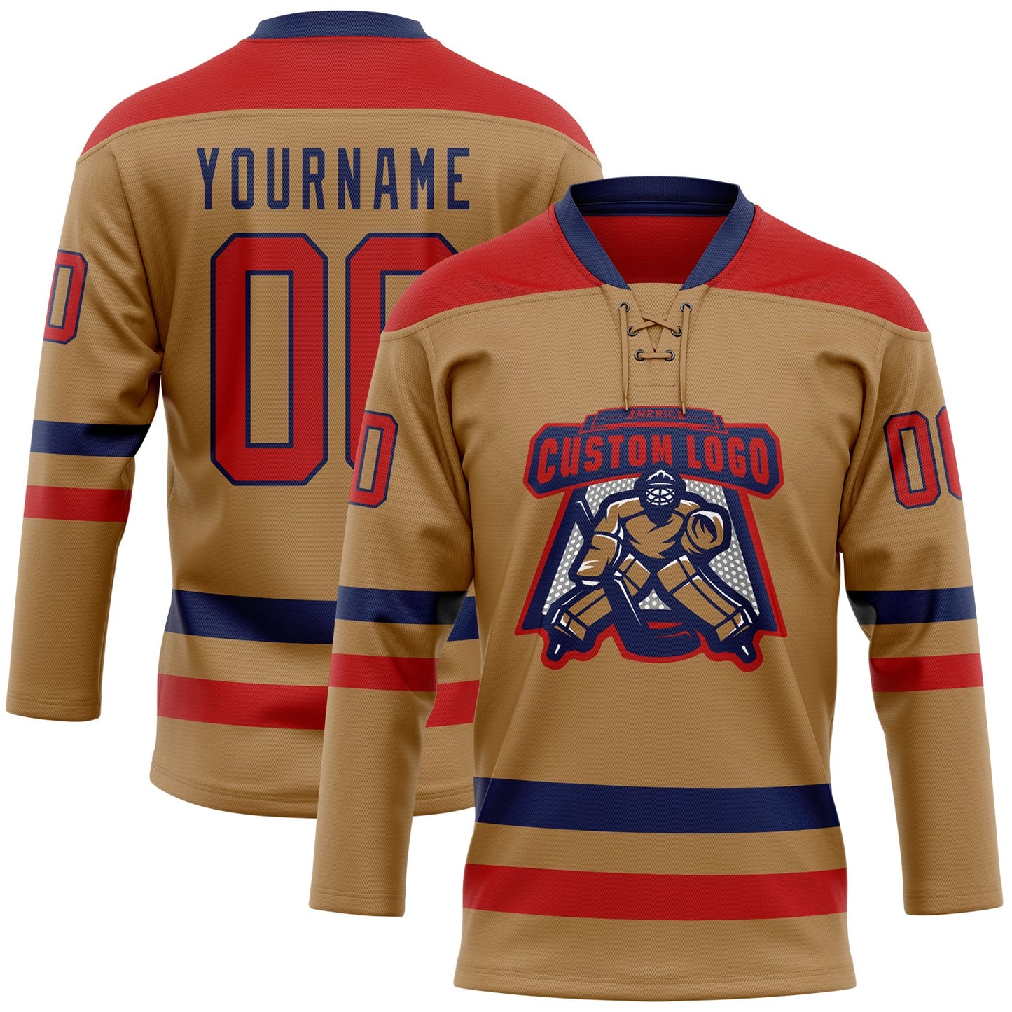 Custom Old Gold Red-Navy Hockey Lace Neck Jersey view 2