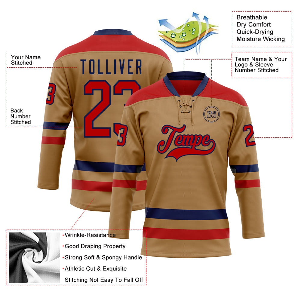 Custom Old Gold Red-Navy Hockey Lace Neck Jersey view 3