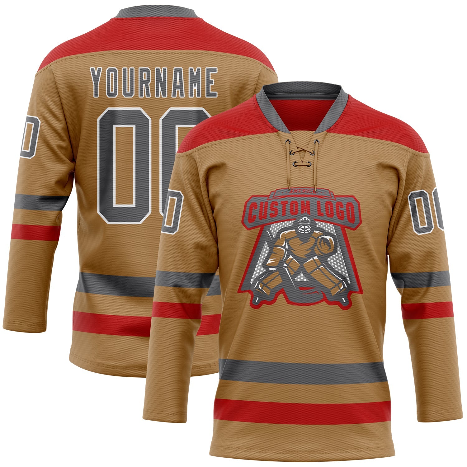 Custom Old Gold Steel Gray-Red Hockey Lace Neck Jersey view 2