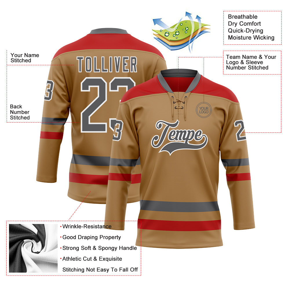 Custom Old Gold Steel Gray-Red Hockey Lace Neck Jersey view 3