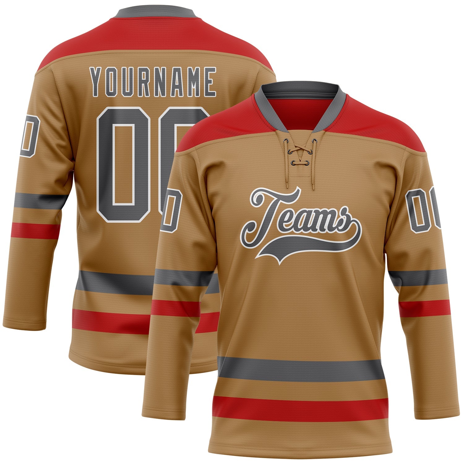 Custom Old Gold Steel Gray-Red Hockey Lace Neck Jersey - Main View
