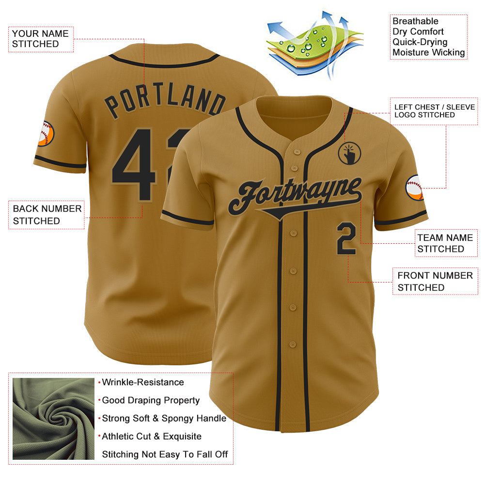 Custom Old Gold Black Authentic Baseball Jersey view 3
