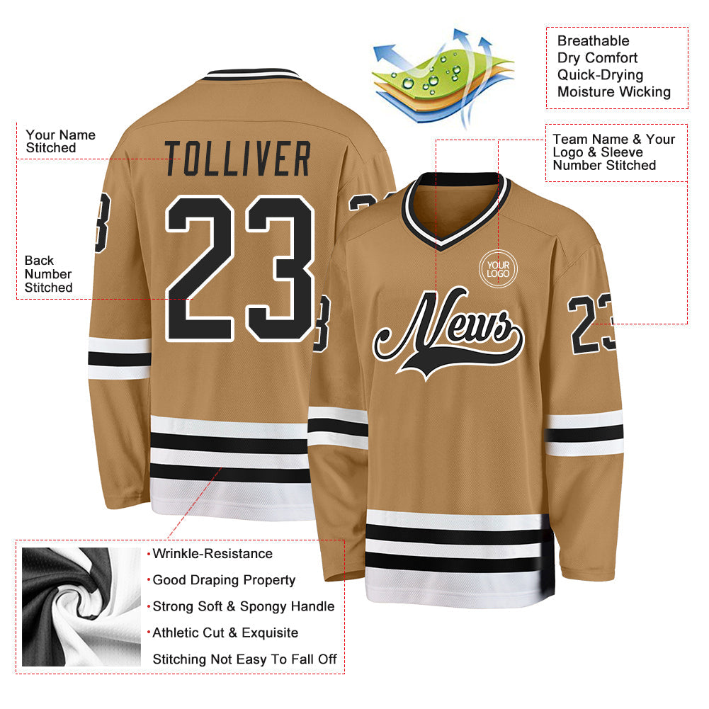 Custom Old Gold Black-White Hockey Jersey view 3