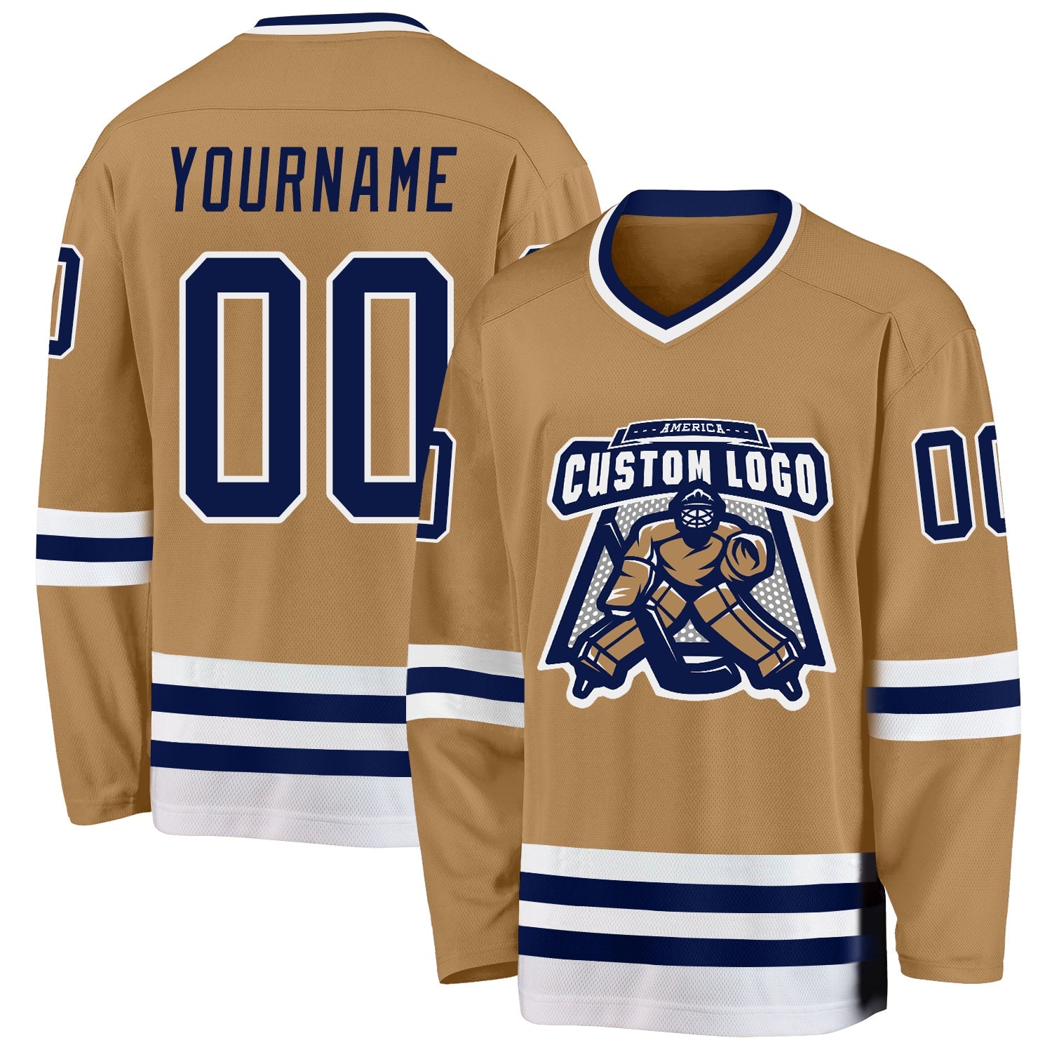 Custom Old Gold Navy-White Hockey Jersey view 2