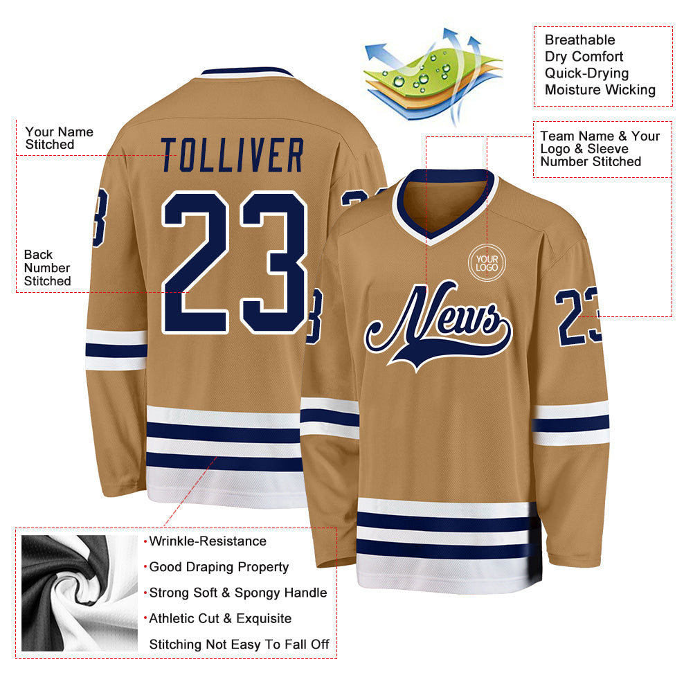 Custom Old Gold Navy-White Hockey Jersey view 3