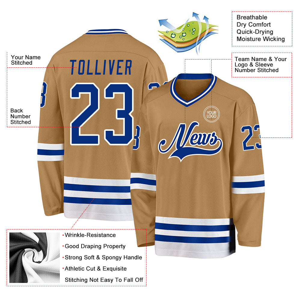 Custom Old Gold Royal-White Hockey Jersey view 3