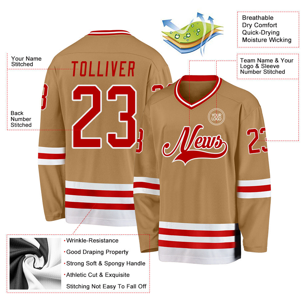 Custom Old Gold Red-White Hockey Jersey view 3