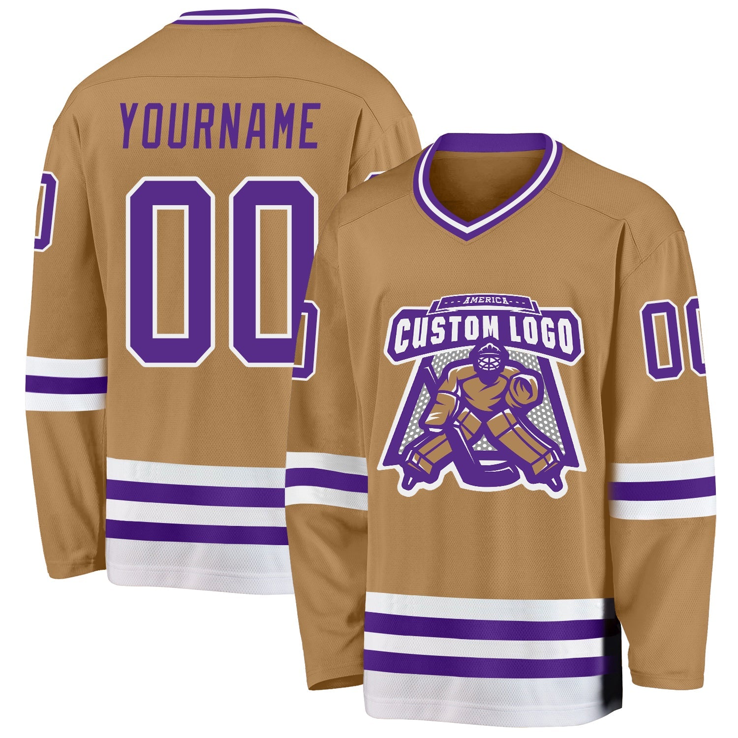 Custom Old Gold Purple-White Hockey Jersey view 2