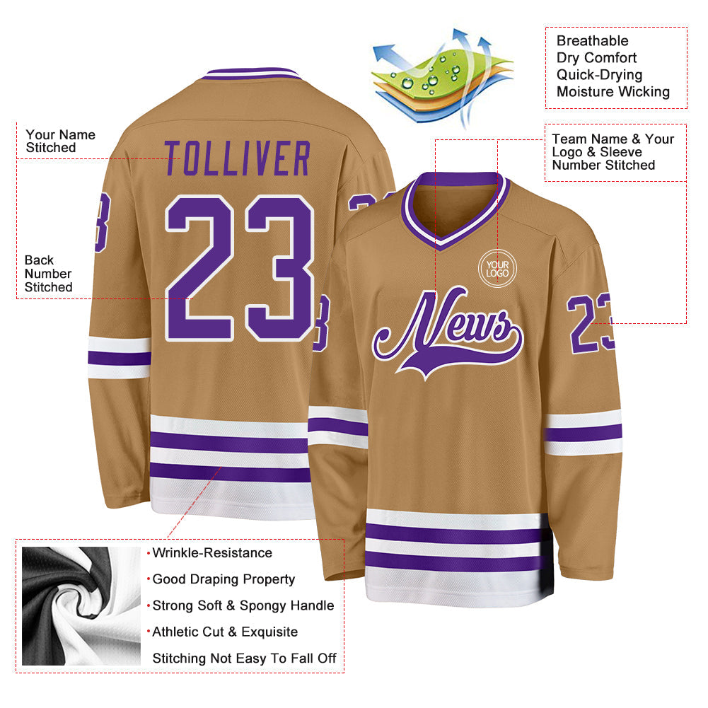 Custom Old Gold Purple-White Hockey Jersey view 3