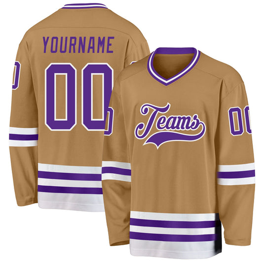 Custom Old Gold Purple-White Hockey Jersey - Main View