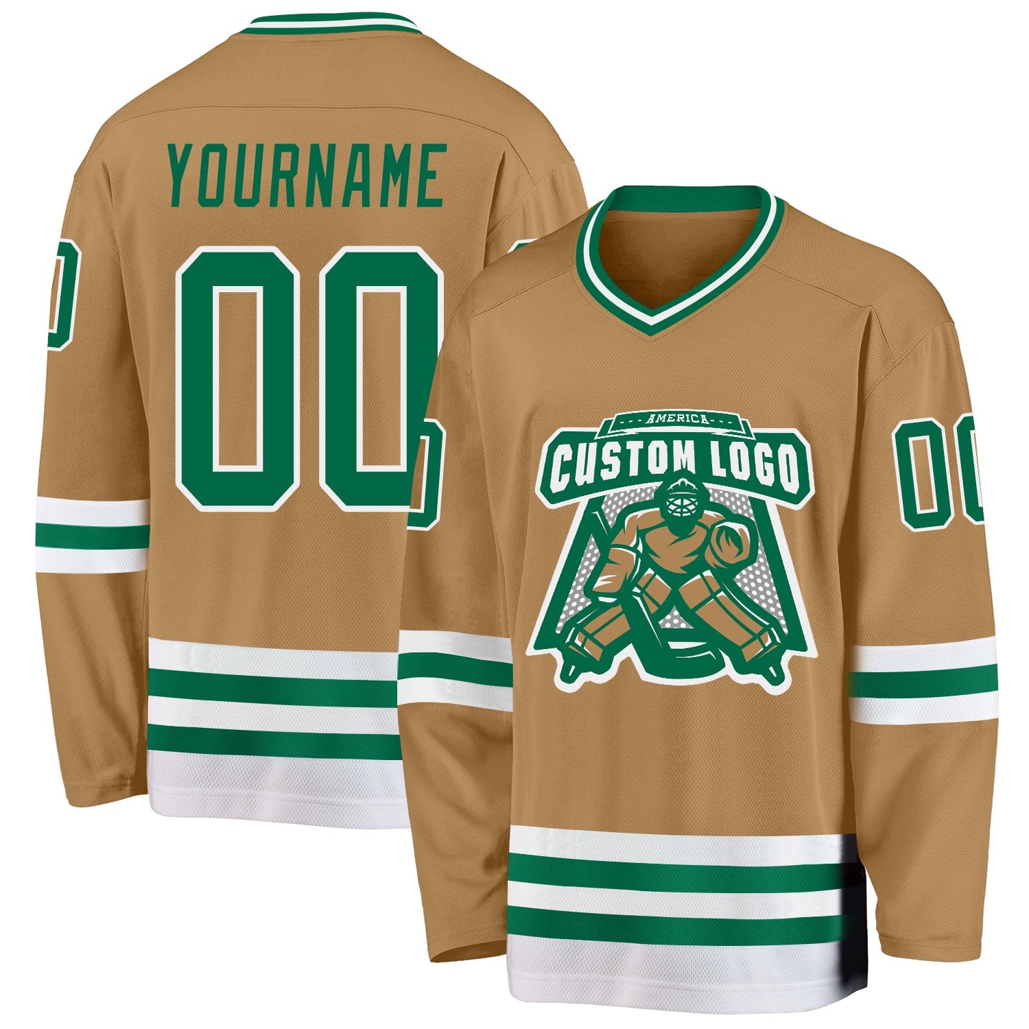 Custom Old Gold Kelly Green-White Hockey Jersey view 2