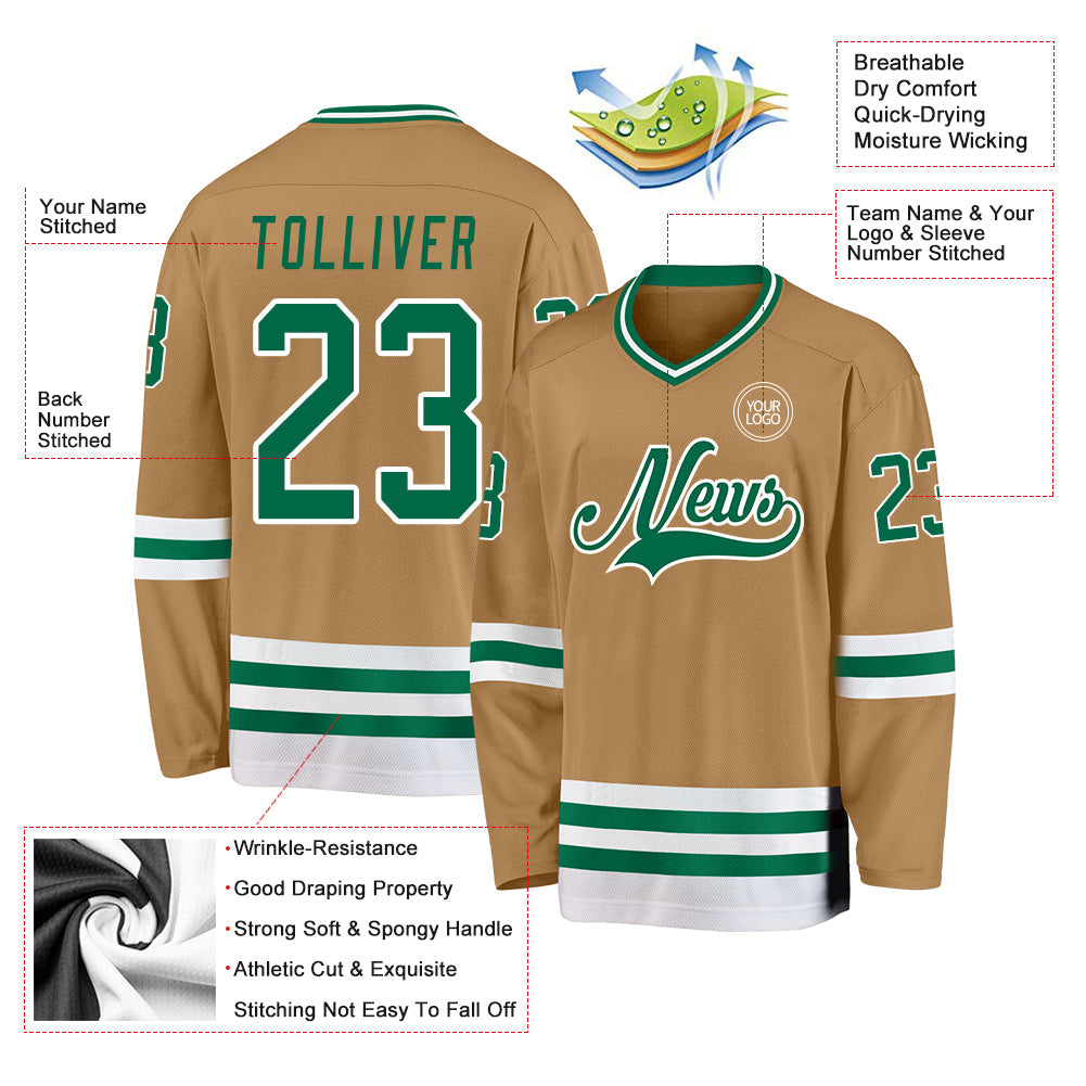 Custom Old Gold Kelly Green-White Hockey Jersey view 3