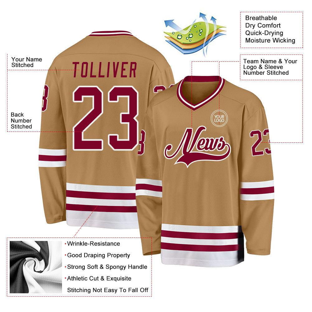Custom Old Gold Maroon-White Hockey Jersey view 3