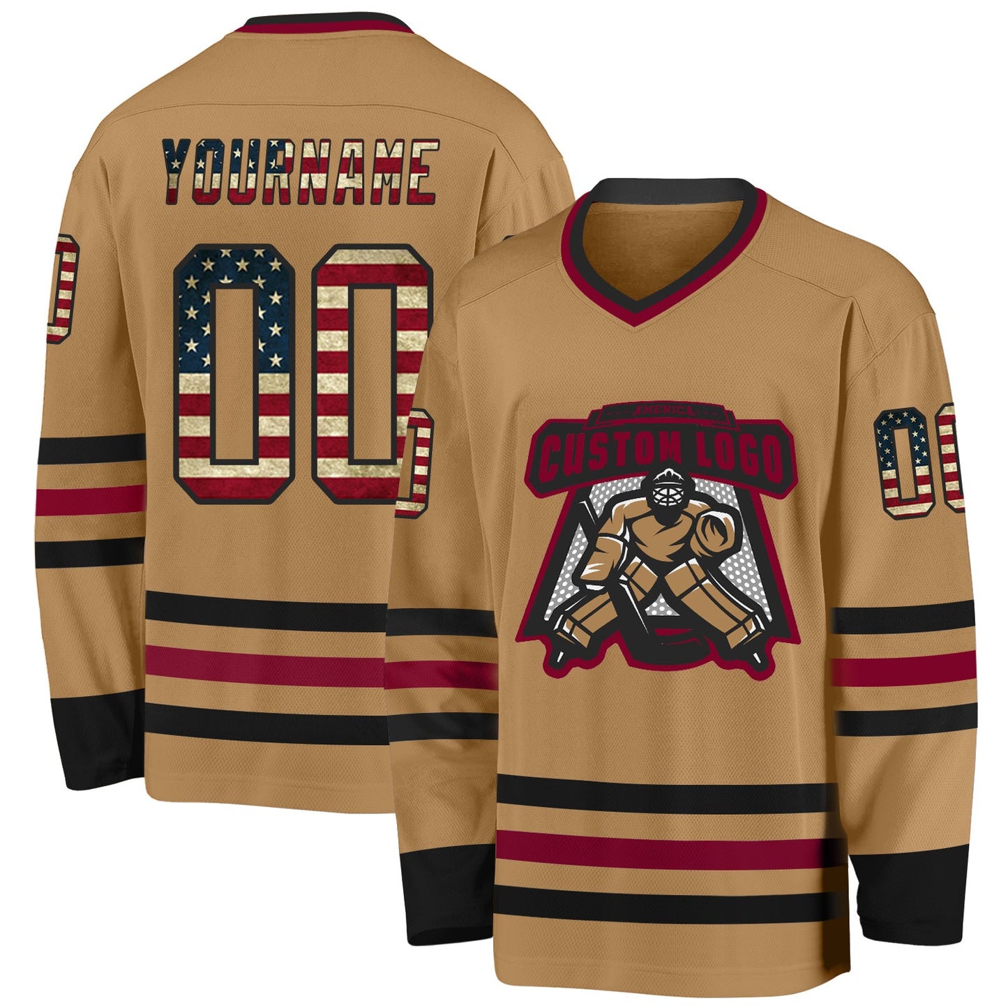 Custom Old Gold Vintage USA Flag Black-Maroon Hockey Jersey view 2
