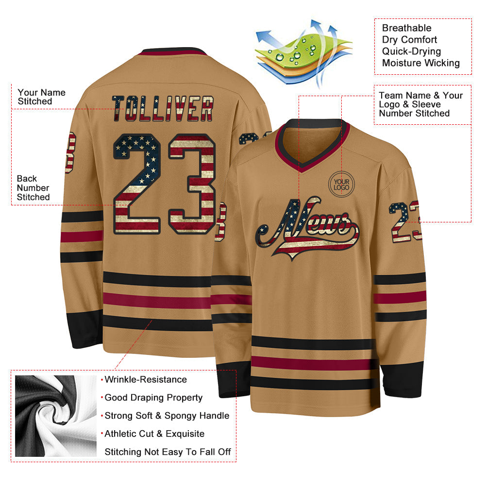 Custom Old Gold Vintage USA Flag Black-Maroon Hockey Jersey view 3