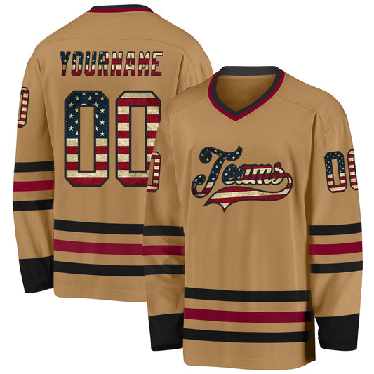 Custom Old Gold Vintage USA Flag Black-Maroon Hockey Jersey - Main View