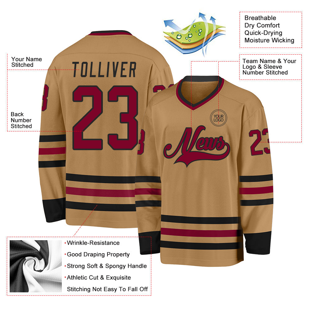 Custom Old Gold Maroon-Black Hockey Jersey view 3