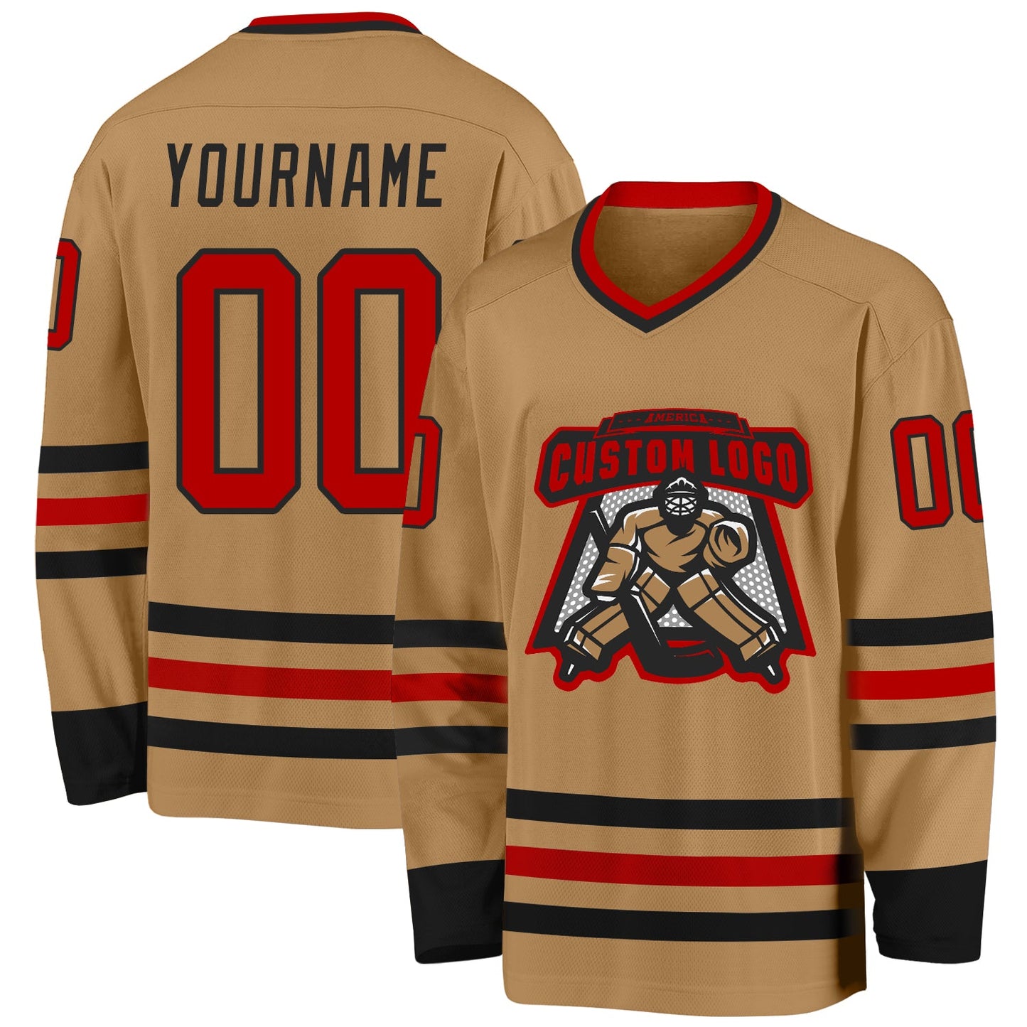 Custom Old Gold Red-Black Hockey Jersey view 2