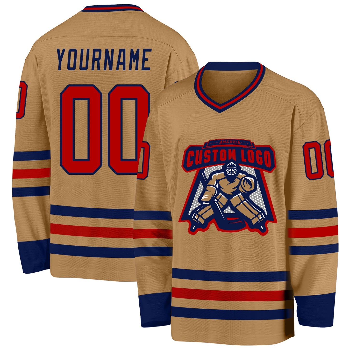 Custom Old Gold Red-Navy Hockey Jersey view 2