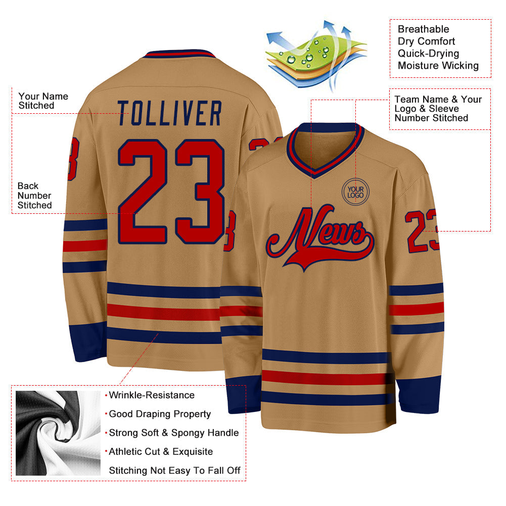 Custom Old Gold Red-Navy Hockey Jersey view 3