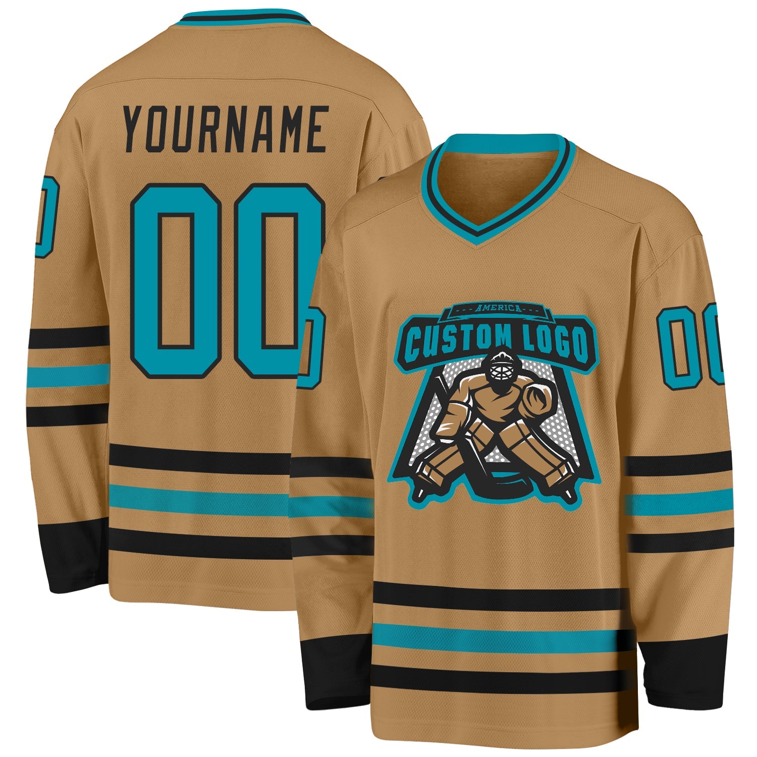 Custom Old Gold Teal-Black Hockey Jersey view 2