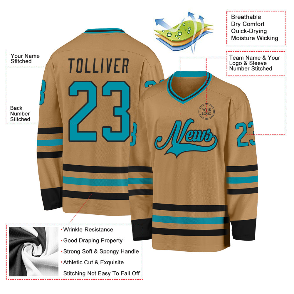 Custom Old Gold Teal-Black Hockey Jersey view 3