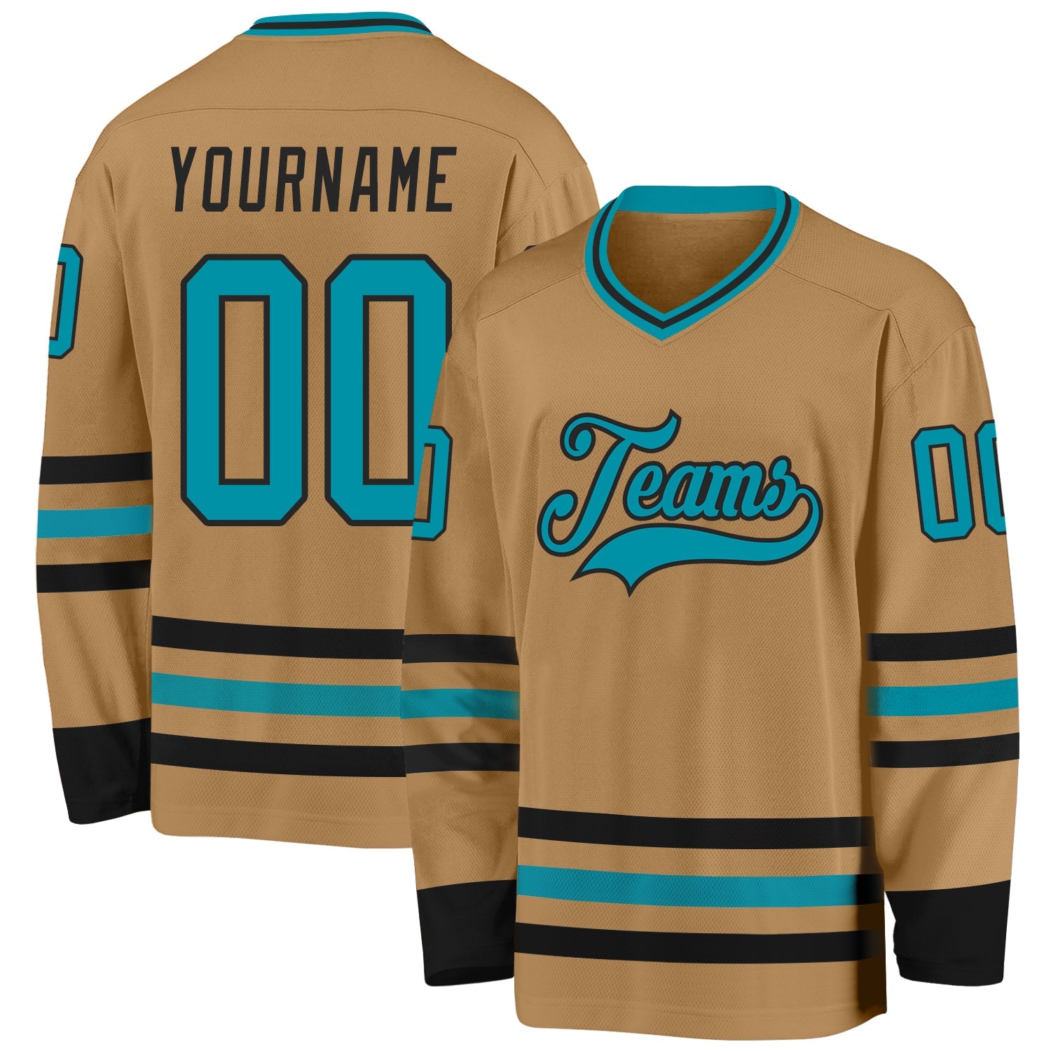 Custom Old Gold Teal-Black Hockey Jersey - Main View
