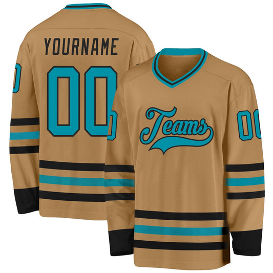 Custom Old Gold Teal-Black Hockey Jersey - Main View