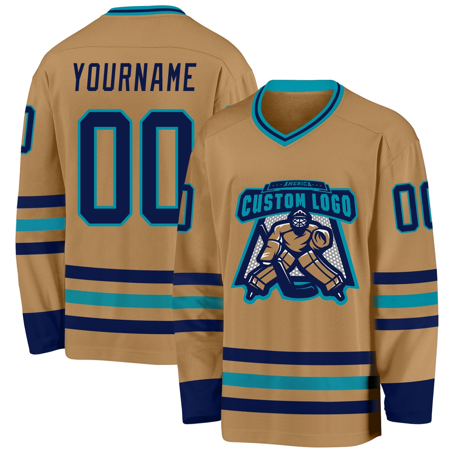 Custom Old Gold Navy-Teal Hockey Jersey view 2