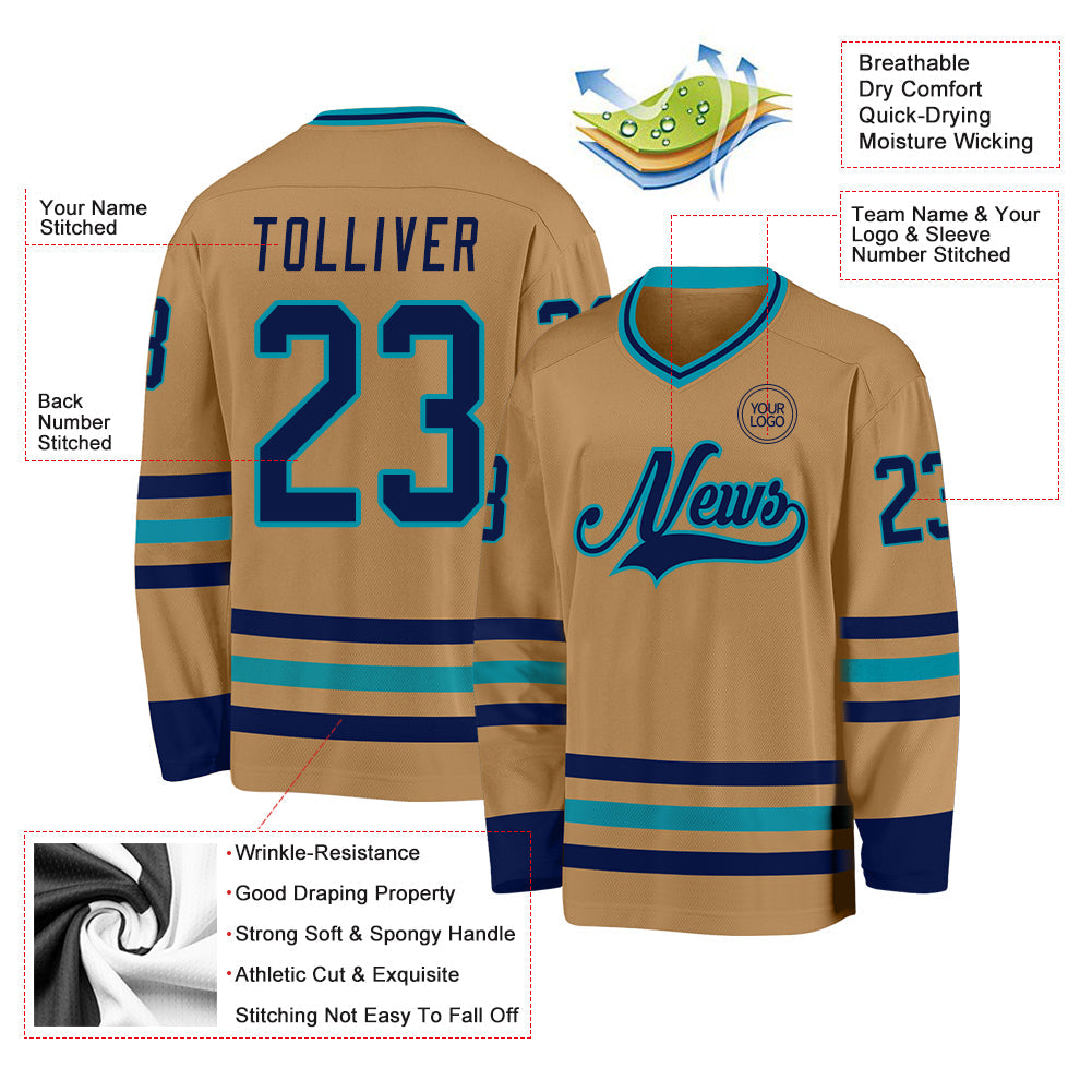Custom Old Gold Navy-Teal Hockey Jersey view 3