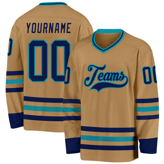 Custom Old Gold Navy-Teal Hockey Jersey - Main View