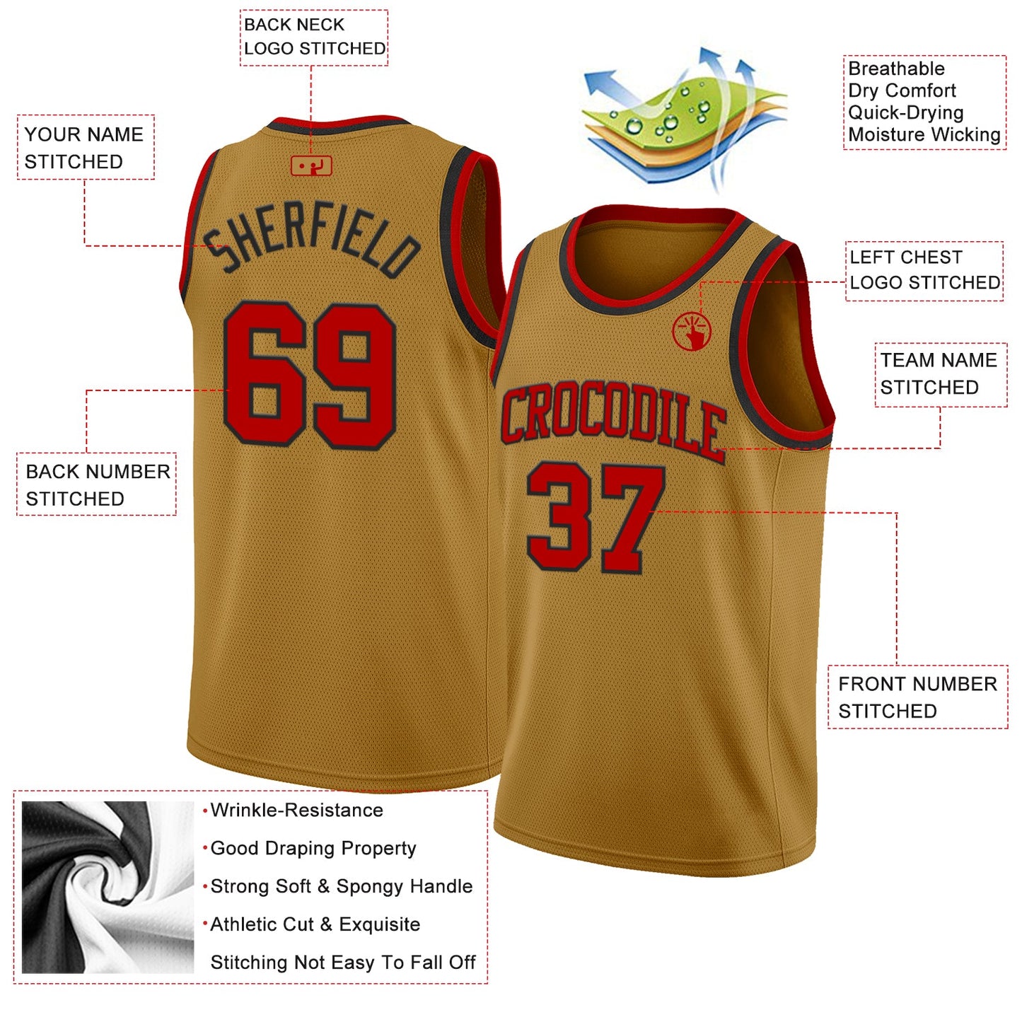 Custom Old Gold Red-Black Authentic Basketball Jersey view 2