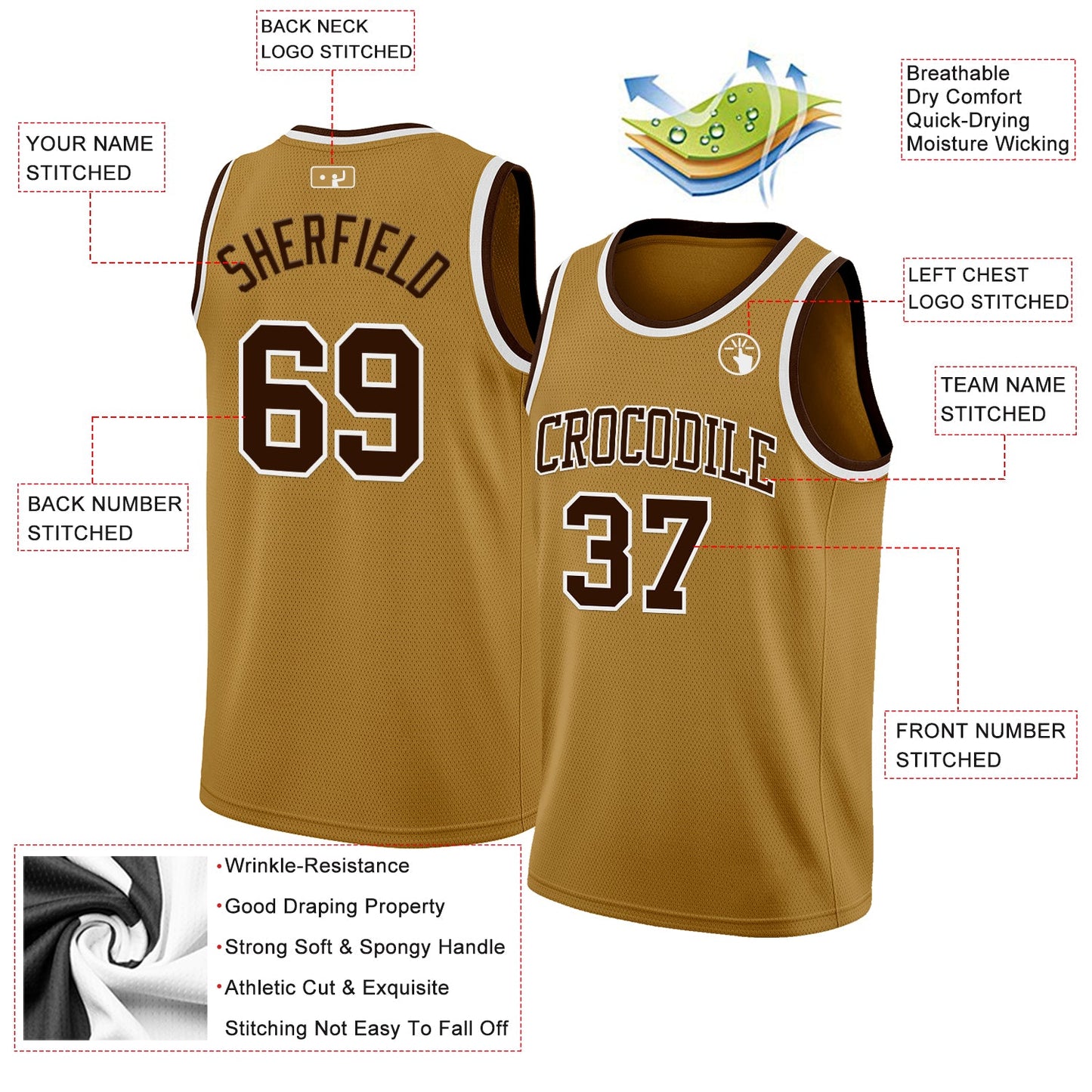 Custom Old Gold Brown-White Authentic Basketball Jersey view 2