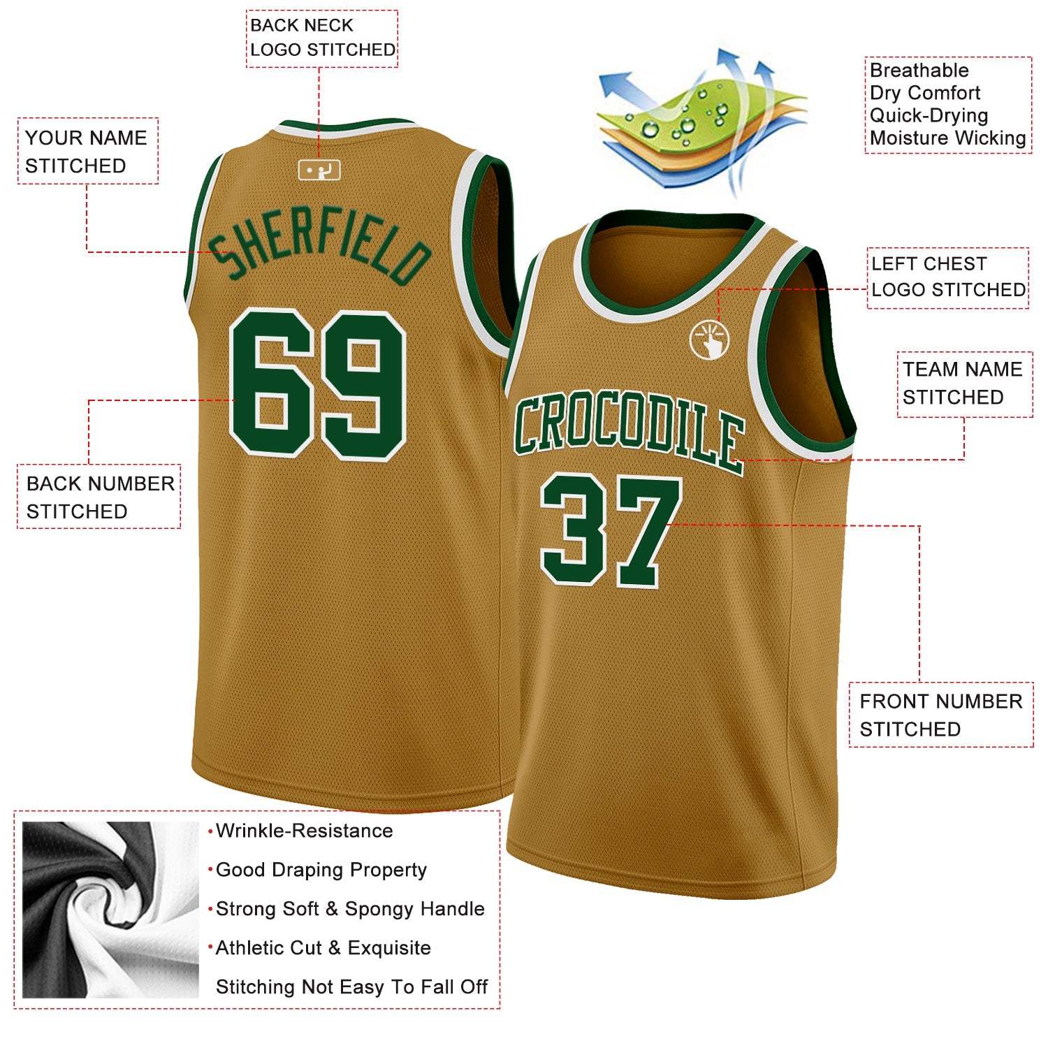 Custom Old Gold Green-White Authentic Basketball Jersey view 2