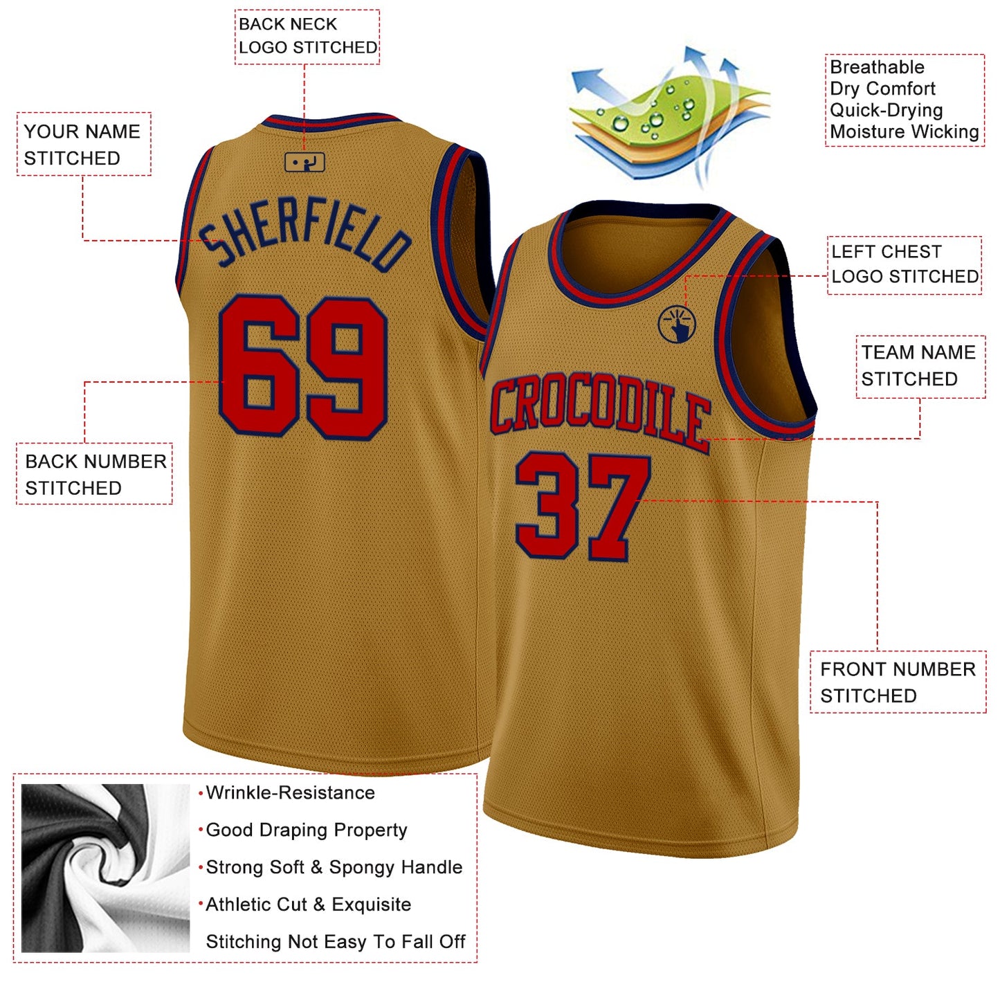 Custom Old Gold Red-Navy Authentic Basketball Jersey view 2