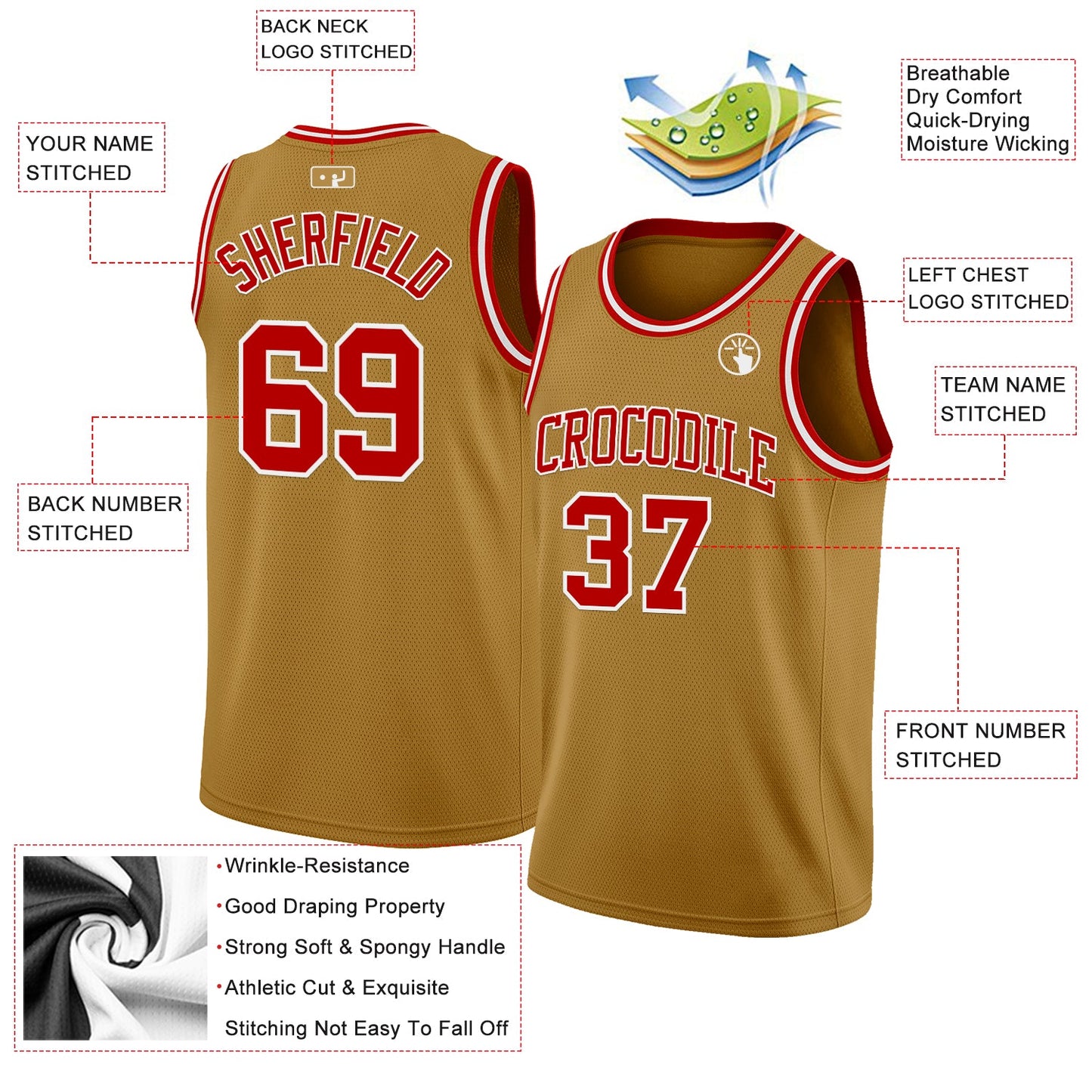Custom Old Gold Red-White Authentic Basketball Jersey view 2